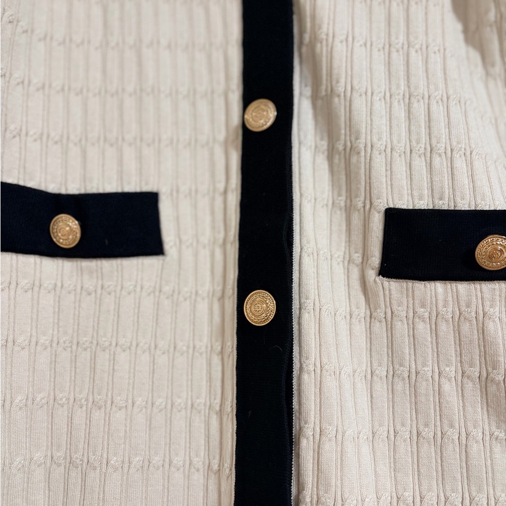 Adrianna Papell Cream Cardigan with Black Trim and Gold Buttons - Picture 4 of 7